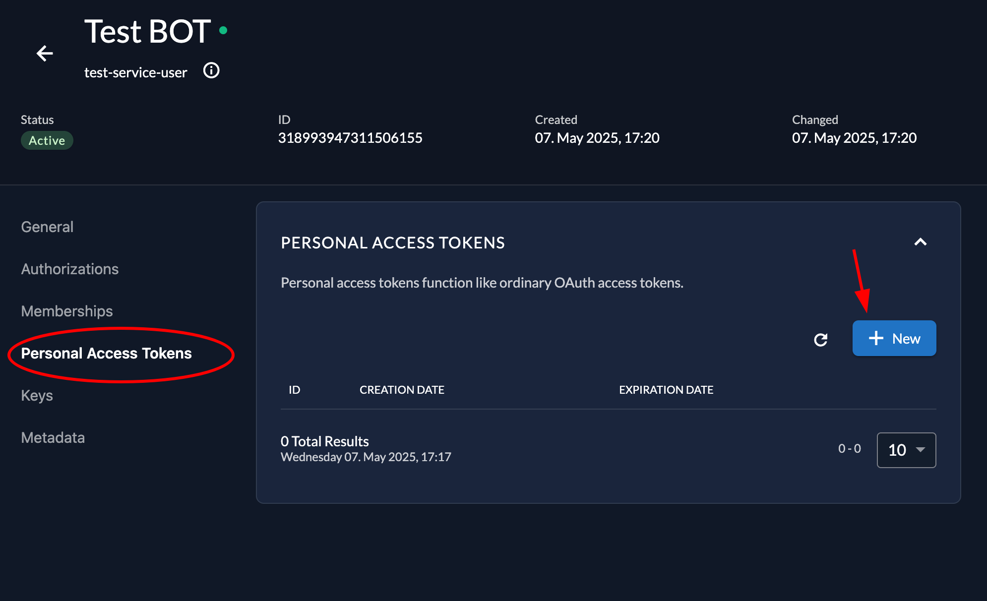 Personal Access Token View